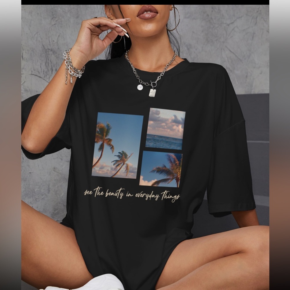 SHEIN Tropical Graphic Drop Shoulder Tee • Size: L • Color: Black